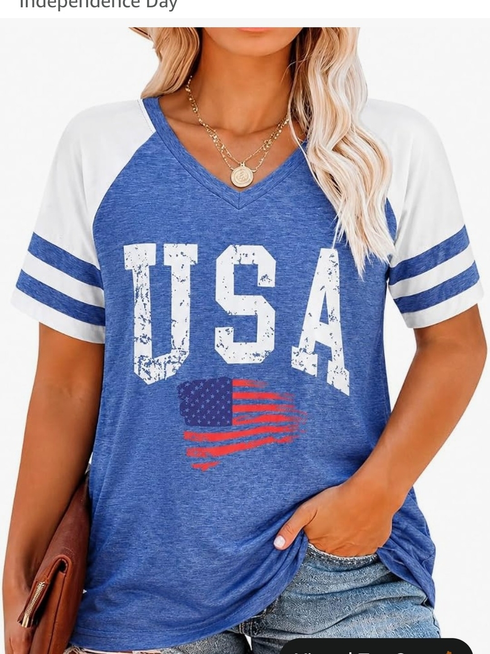 Unbranded Blue USA Graphic V-Neck Raglan Sleeve Tee